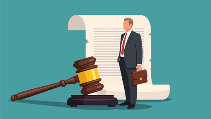 A professionally dressed attorney holding a briefcase stands beside a massive wooden gavel and a scrolling legal document, symbolizing the immense weight and formality of modern judicial proceedings