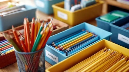 Organized school supplies on wooden desk with colorful folders and pencils. Gently used school supplies sorted on a table, clean folders, sharpened pencils