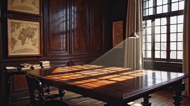 Step into a richly appointed study featuring a grand wooden table, illuminated by soft sunlight streaming through large windows. The vintage maps on the wall add charm to this inviting space.
