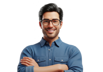 Smiling man in glasses with crossed arms isolated on transparent background
