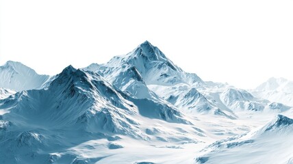 "white snow-covered hills and majestic mountain landscape isolated on white background, winter scenery illustration with serene snow terrain and high-detail digital artwork