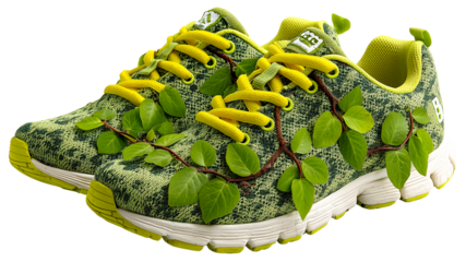 Green running shoe eco sneaker leaf pattern yellow lace athletic footwear fitness nature sustainable energy fresh vibe blend of sport and nature, isolated