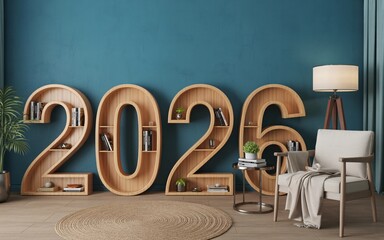 Modern living room with 2026 wooden bookshelf and cozy reading nook