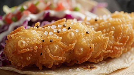 Delicious goldenbrown fried shrimp perfectly seasoned with coarse salt and black pepper resting on a soft tortilla ready to be enjoyed as a gourmet appetizer or a flavorful main course showcasing its.