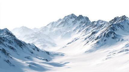 "white snow-covered hills and majestic mountain landscape isolated on white background, winter scenery illustration with serene snow terrain and high-detail digital artwork