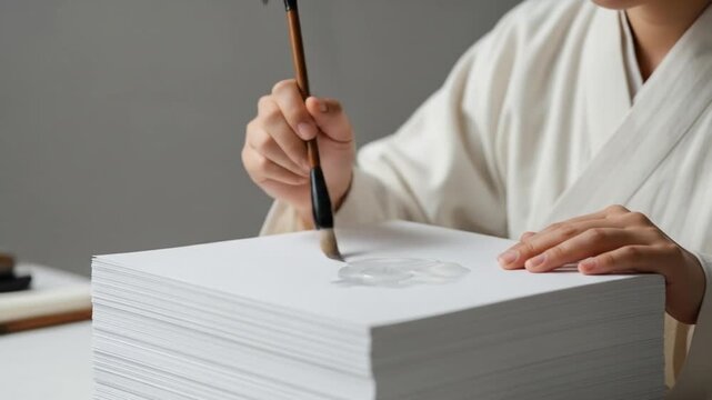 Hands in a robe using a calligraphy brush to apply clear liquid on a tall stack of paper