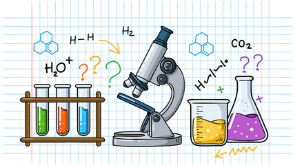 Playful hand-drawn chemistry lab illustration with microscope, test tubes, formulas, and questions, ideal for education, STEM content, scientific thinking, and research concepts.