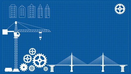 Technical blueprint-style illustration showing cranes, bridges, gears, and buildings, ideal for engineering firms, construction planning, infrastructure design, and industrial concepts.