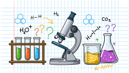 Playful hand-drawn chemistry lab illustration with microscope, test tubes, formulas, and questions, ideal for education, STEM content, scientific thinking, and research concepts.