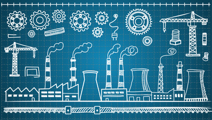 Hand-drawn blueprint style illustration of industrial factories, gears, cranes, and chimneys, ideal for engineering design, manufacturing planning, infrastructure, and industry concepts.