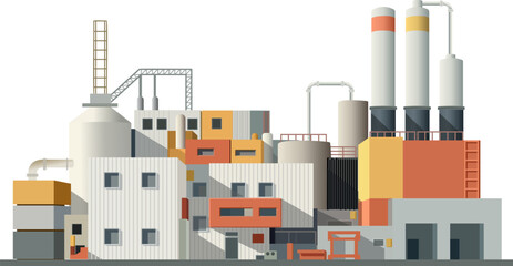 Stylized illustration of a modern factory with tanks, pipes, and chimneys, ideal for manufacturing, industrial production, energy, supply chain, and engineering business concepts.