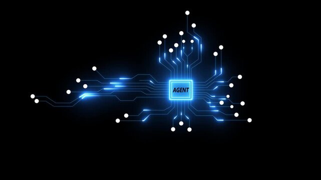 AI Agent Intelligent System Animation with Glowing Digital Nodes and Flowing Circuit Connections on Black Background, Seamless Futuristic Technology Loop