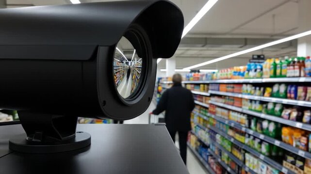 Close-up of a security camera reflecting a busy supermarket aisle with shoppers