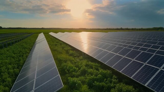 Vast array of agrivoltaic solar panels at sunset, capturing the sun&rsquo;s energy in a green field, symbolizing sustainable power generation and a brighter, eco-friendly futur