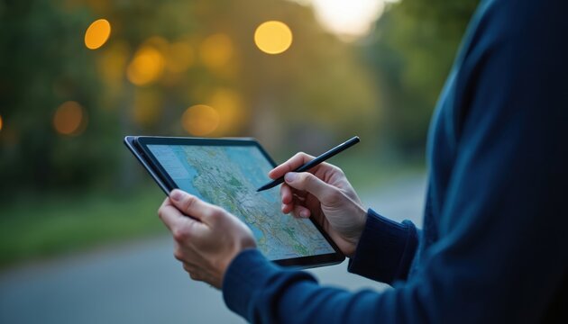 Person holds tablet displaying map with stylus. Analyst reviews geospatial data outdoors. Planning location with digital map device. Business tech. - Powered by Adobe