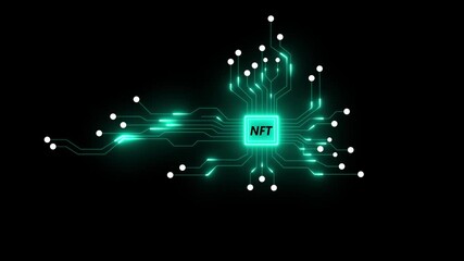 NFT Digital Asset Network Animation with Glowing Blockchain Nodes and Flowing Circuit Connections on Black Background, Seamless Futuristic Technology Loop