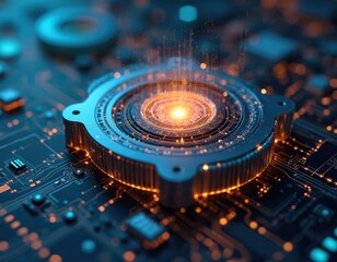 Futuristic circuit board with glowing central processor. Digital data streams emit light from the component. Advanced cybernetic system with bright orange energy flow.