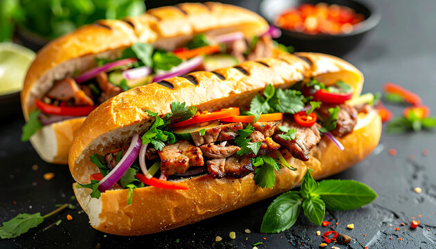 Delicious Vietnamese Banh Mi Sandwich with Grilled Pork, Fresh Herbs, and Pickled Vegetables