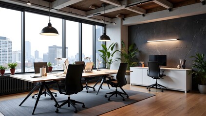 Several modern workstations with black chairs and potted plants stand in a bright open-plan office with large windows.
