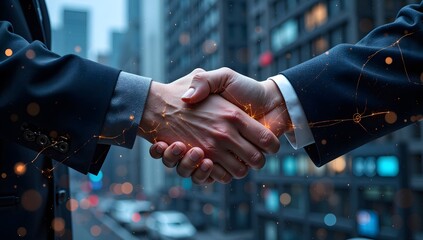 Two business professionals shake hands in a modern city street surrounded by tall buildings.