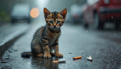 Stray kitten sits on wet city street during rain. Abandoned, hungry feline with blue eyes looks sad. Cars pass by on road. Cigarette butts on ground.