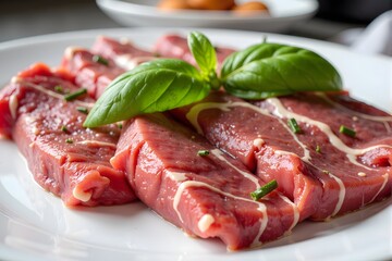 Slices of raw seasoned beef rest on a white plate, garnished with fresh basil leaves.