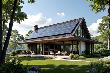 A modern house with large glass windows and rooftop solar panels stands in a lush green garden.