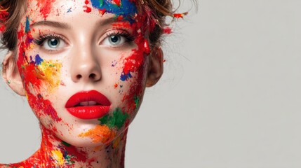A woman poses with her face covered in vibrant paint, showcasing a mix of colors that emphasizes her artistic side. The background is neutral, focusing attention on her painted features.