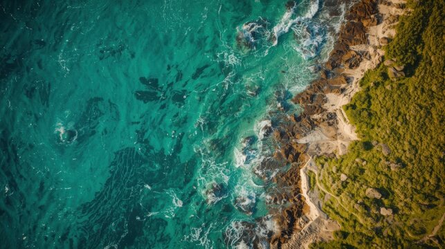 Aerial view of vibrant turquoise water meeting a rugged coastline
