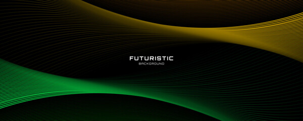 3D green yellow lines techno abstract background overlap layer on dark space with waves effect decoration. Modern graphic design element stripes style concept for web, flyer, card, or brochure cover