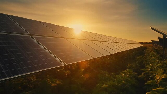 Golden hour sunset over rows of agrivoltaic solar panels in a renewable energy field