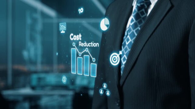 A professional businessman dressed in a suit stands confidently in a modern office, with holographic graphs and charts illustrating innovative cost reduction strategies. Qubit