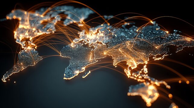 global internet infrastructure, world map with fiber optic lines, glowing connections, cyber technology concept