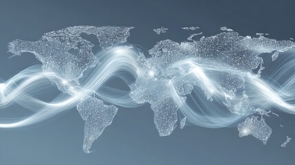 nternational communication network, world map with signal waves and light trails,