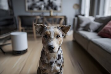 A spotted dog sits calmly on a wooden floor in a modern living room.