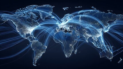 nternational communication network, world map with signal waves and light trails,