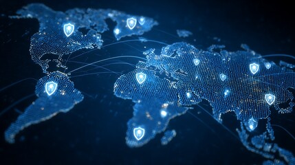 secure global connection, world map with shield icons and encrypted lines, cybersecurity concept