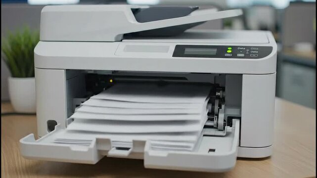 Modern Office Printer Printing Documents in a Brightly Lit Workspace.