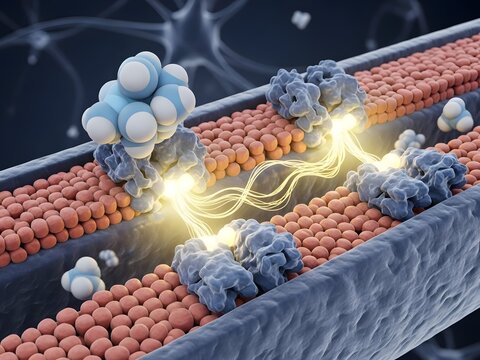 Detailed 3D render of serotonin neurotransmitter binding to serotonin receptors (5-HT1A, 5-HT2A) on the neuron surface. The interaction activates a cascade of cellular responses within the neuron. Glo