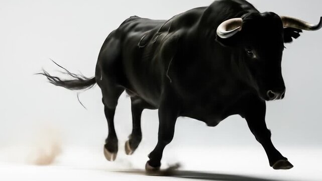 Dynamic animation of a powerful black bull charging forward aggressively on plain background,