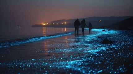Three people walk along a dark beach illuminated by glowing blue bioluminescent waves.