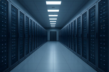 Long corridor in a modern data center with rows of server racks and glowing lights, depicting advanced technology infrastructure.