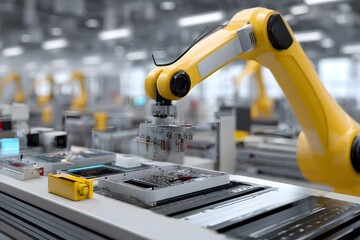 A yellow robotic arm assembles electronic components on a production line in a modern factory.
