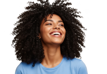 Smiling black woman with curly hair looking upward, isolated on transparent background