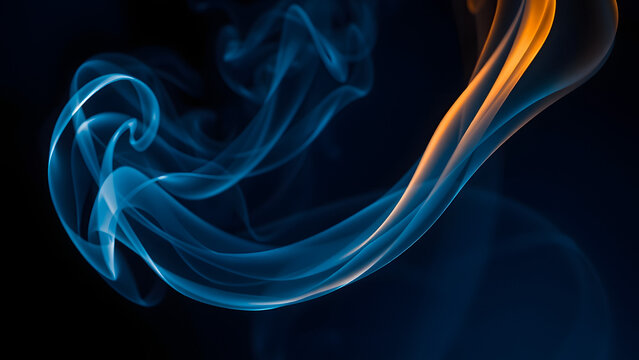 Abstract blue and orange smoke wisps swirling gracefully against dark background