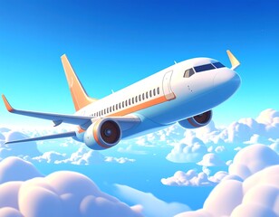 A cartoon airplane soaring through fluffy white clouds in a blue sky