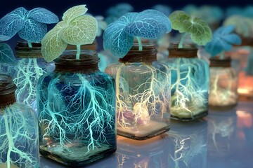 Glowing, bioluminescent plants grow inside glass jars arranged in a row on a reflective surface.