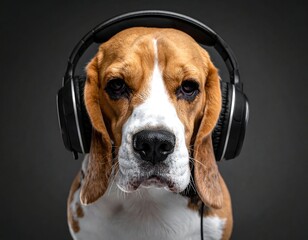 A close-up portrait of a beagle dog wearing large headphones