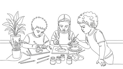 High-quality black continuous line art of children drawing and painting together, kids creative activities, minimalistic illustration