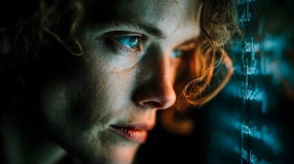 A person sits in front of a glowing screen displaying lines of computer code in a dark environment.